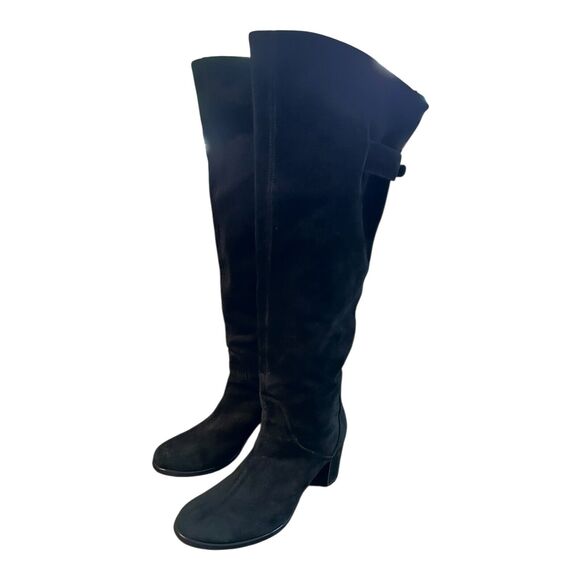 Prialpas Shoes - VTG Prialpas Tall Suede Heel Boots Buckle Back Black Suede Sz 37/6.5